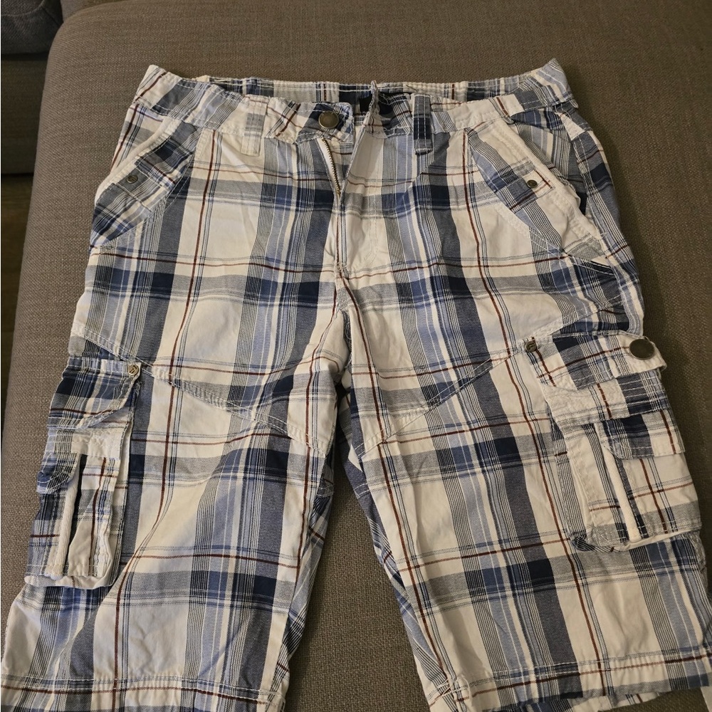 Fred David Blue and White Plaid Cargo Shorts